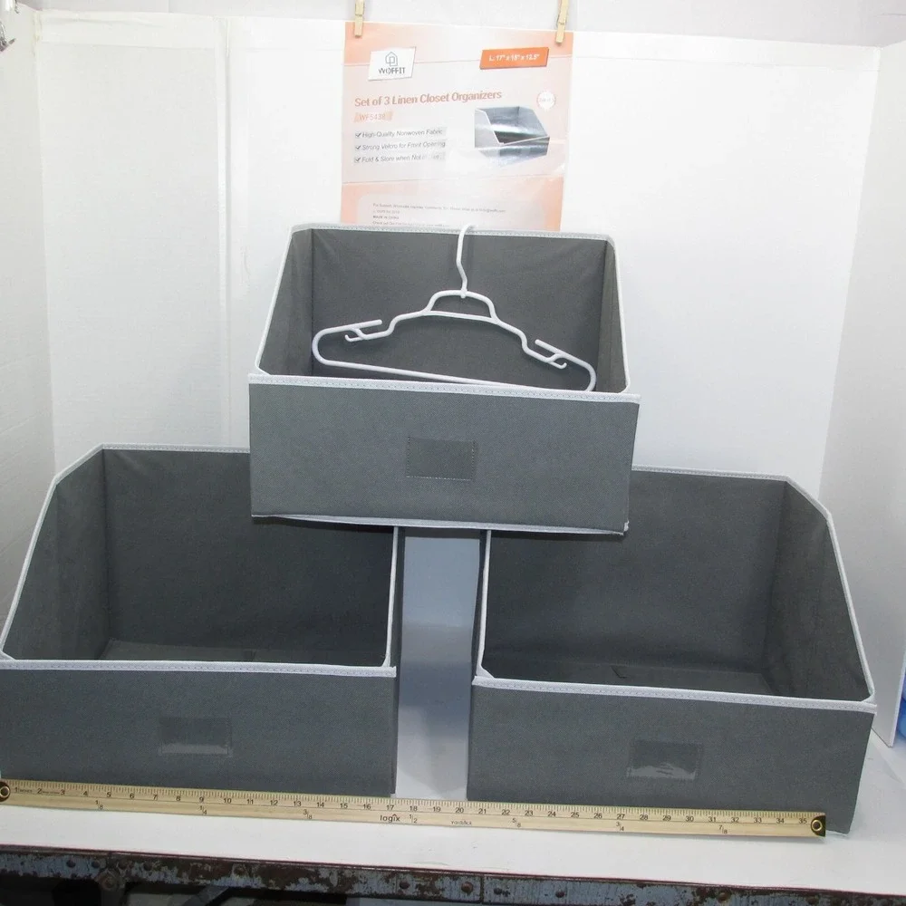 Woffit Set of 3 Linen Gray Closet Organizers 17 x 15 x 12.5